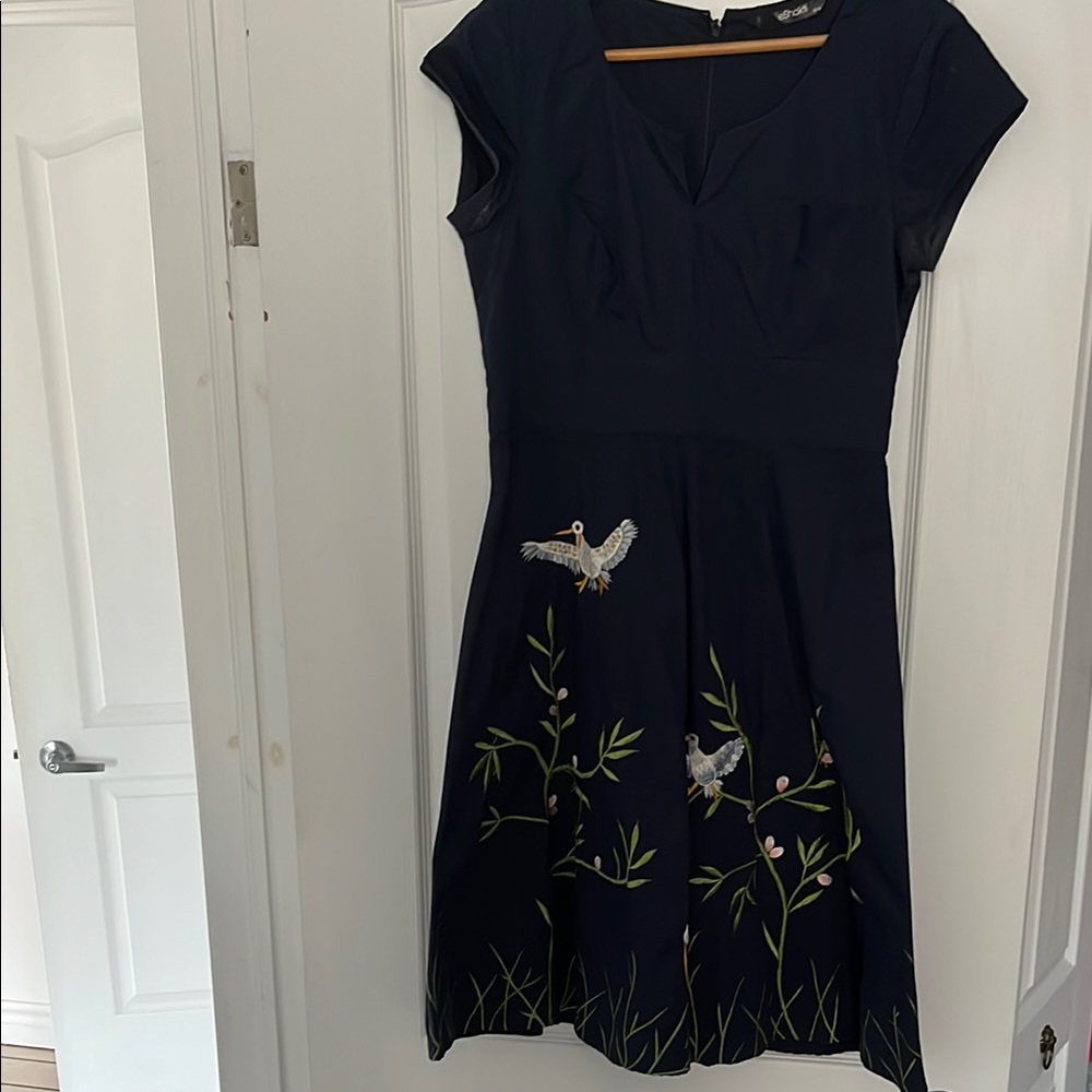 eShakti Navy Dress with Bird Embroidery